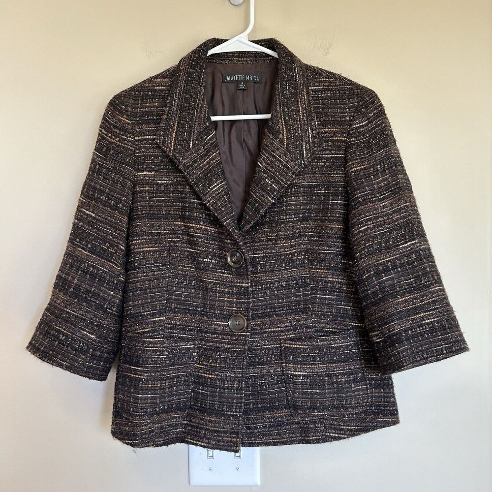Lafayette 148 New York Tweed Boucle Blazer Skirt Jacket Size 6 Brown Work wear